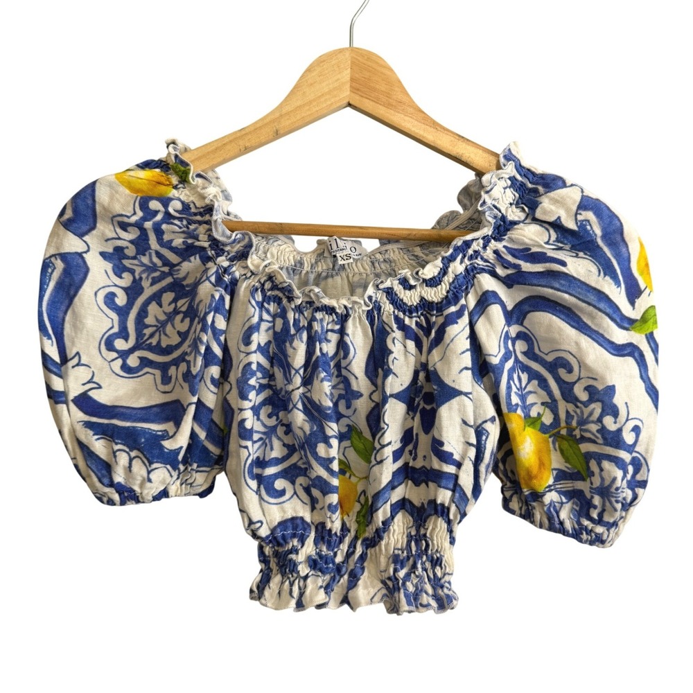 Idillio Positano Linen Crop Top XS Blue Lemon Majolica Puff Sleeve Euro Summer